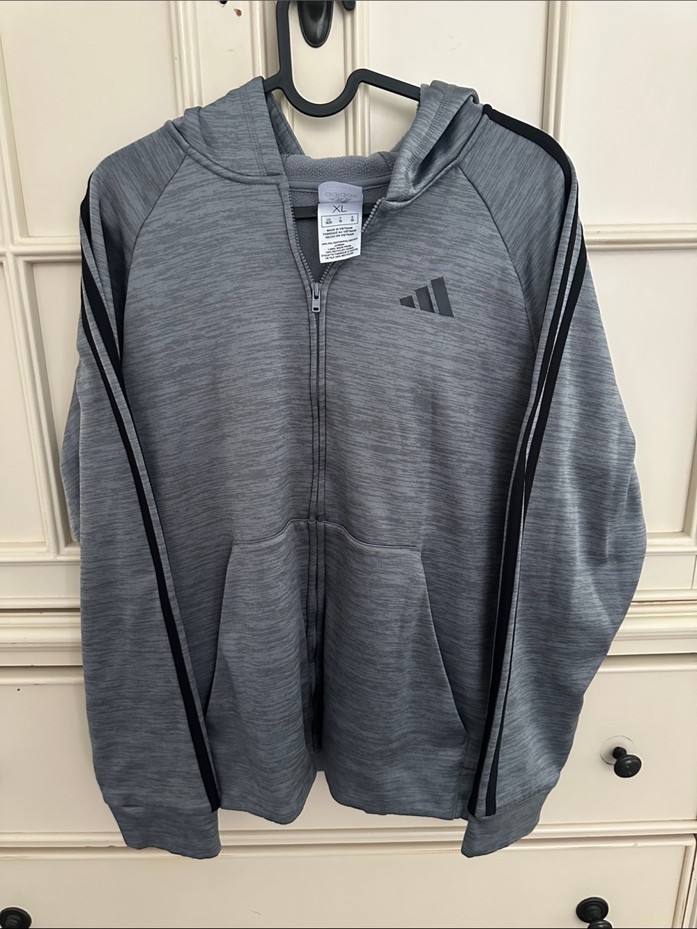 adidas Boys XL Grey Full-Zip Hooded Jacket with Black Stripes